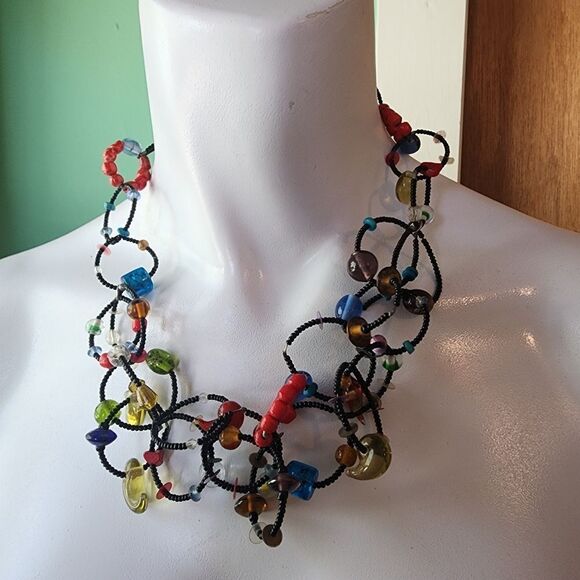 Chico's Glass Beaded Interlocking Circles Necklace - Picture 1 of 3